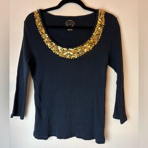 Michael Kors Navy Blue Ribbed Gold Sequin Trim Tee Women’s Size Large 3/4 Sleeve